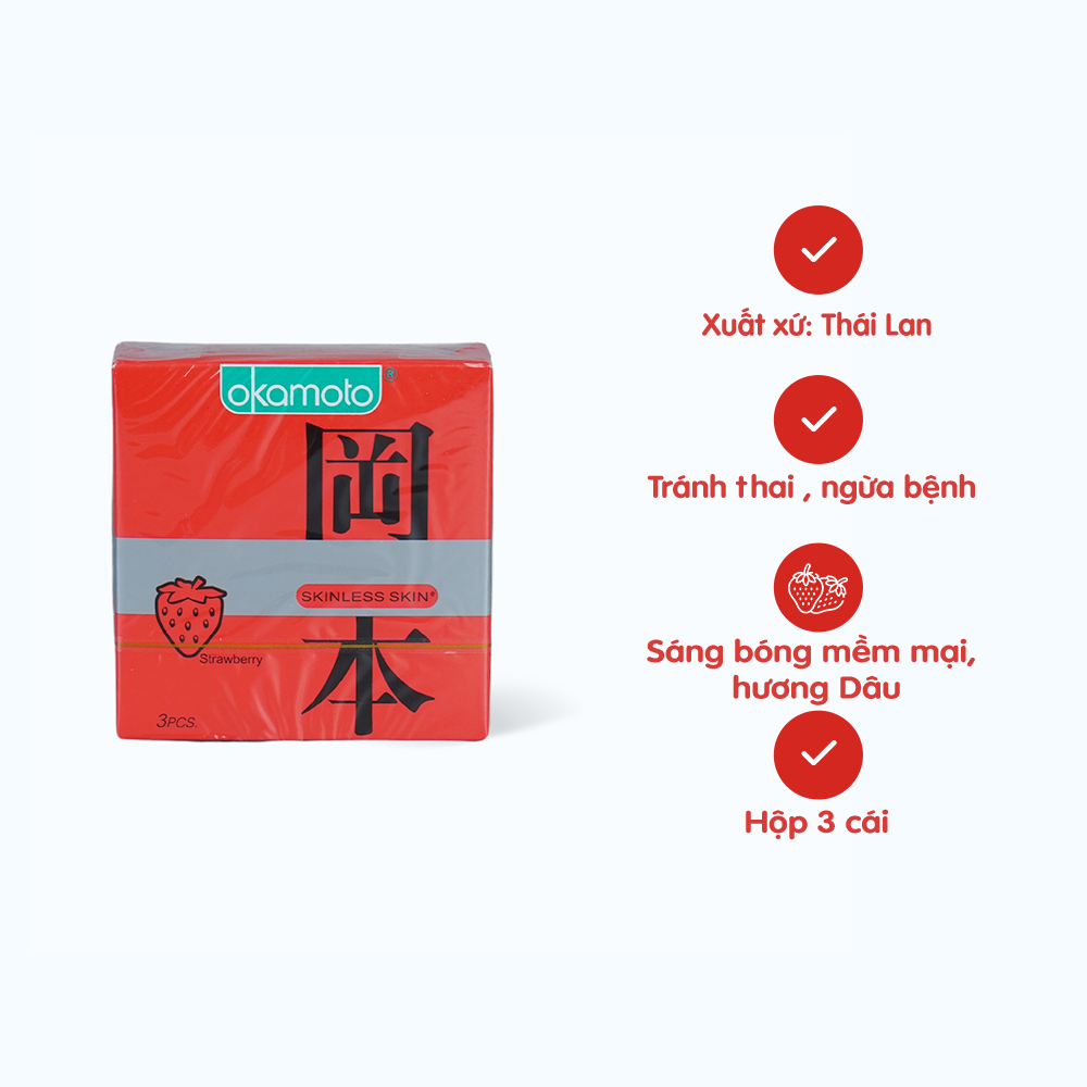 Bao cao su Okamoto Skinless Skin Straberry (3 cái/hộp)