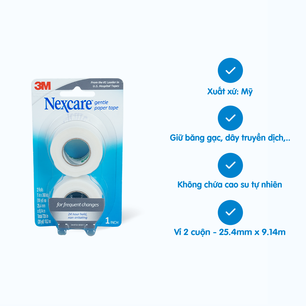 Băng keo y tế giấy NEXCARE dùng cố định băng gạc, các thiết bị y tế 25.4mm x 9.14m (Vỉ 2 cuộn)