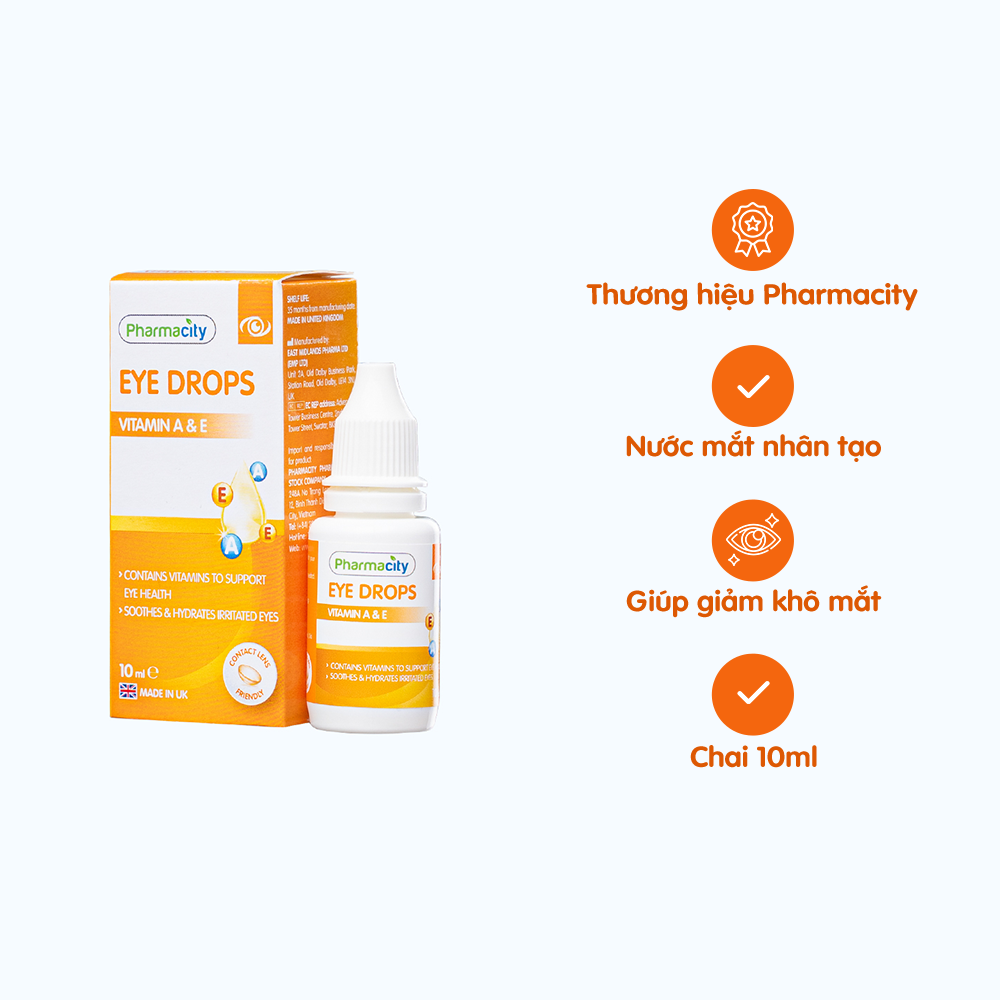 Nước mắt nhân tạo Pharmacity bổ sung Vitamin A & E làm dịu, giảm khô mắt (Chai 10ml)